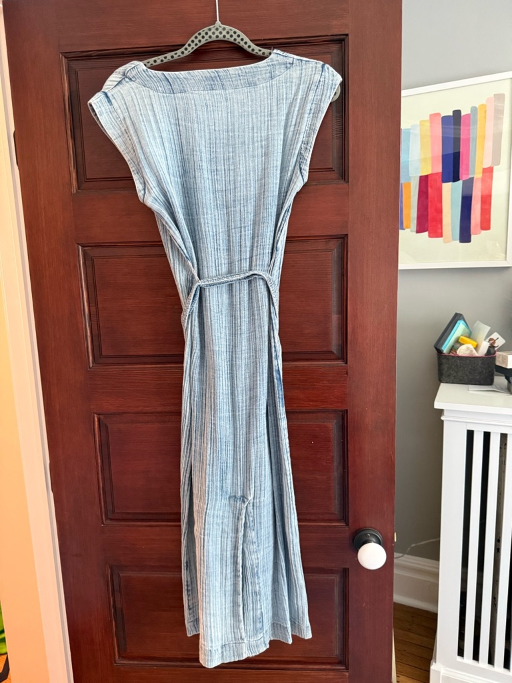 Faherty Light Blue Striped Midi Dress with Waist Tie Size Small NWT $50 - Picture 2 of 4